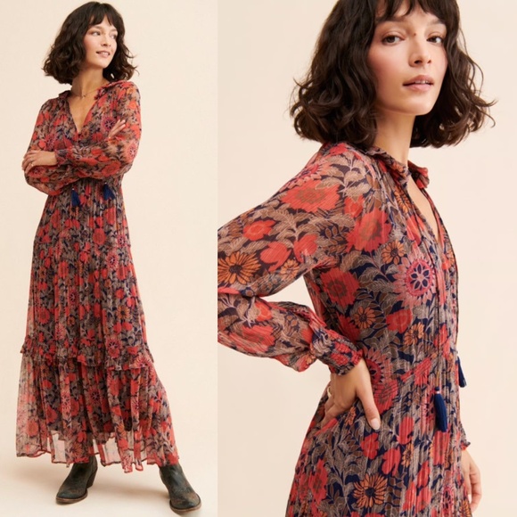 By Anthropologie The Marais Printed Chiffon Maxi Dress Long Sleeve - Picture 1 of 15